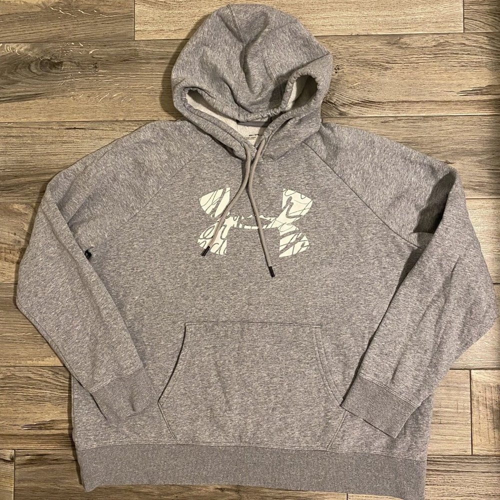 UNDER ARMOUR Men’s 2XL Logo Hoodie Sweatshirt Grey White.